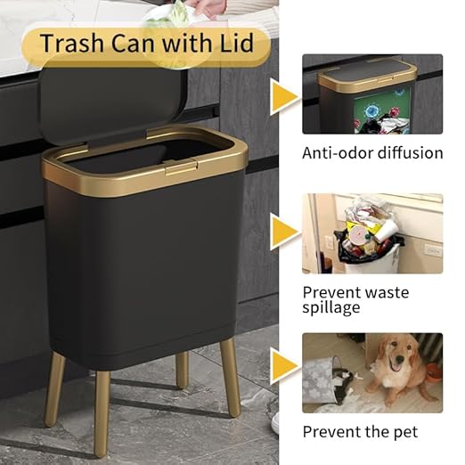 Procade Office Trash Can with Lid Black Bathroom Trash Can with Gold Edge Modern Narrow Garbage Can with Legs Slim Plastic Trash Bin for Bedroom Living RoomKitchenToilet 4 Gallon