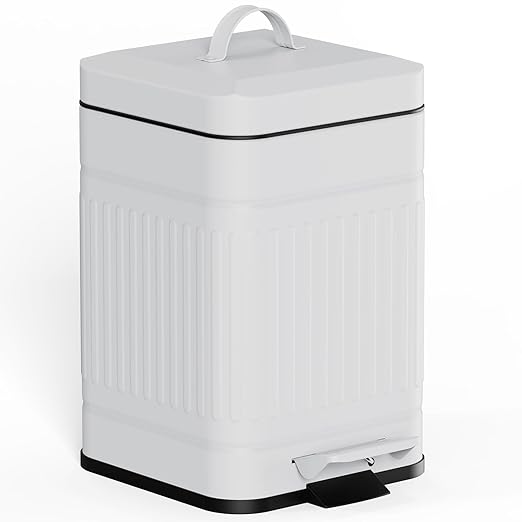 CEROELDA Small Trash Can with Lid-5L/1.3 Gal Stainless Steel Outdoor Dog Poop Garbage Can-Farmhouse Retro Metal Waste Bin w/Step Pedal for Bathroom Bedroom Office-Soft Close-White