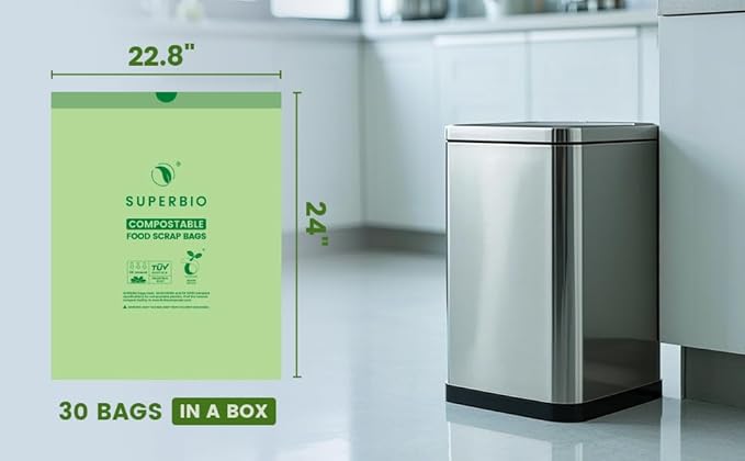 SUPERBIO 8 Gallon Compostable Drawstring Kitchen Waste Bags30.3 Liter 30 Count 1 MilHeavy Duty Food Waste Bags BPI Seedling and OK compost INDUSTRIAL