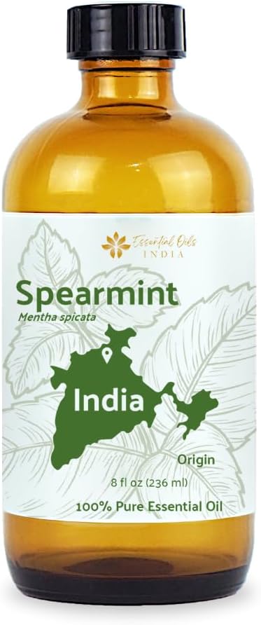 Spearmint Essential Oil - Direct from Essential Oils India - Steam Distilled - Aceite Esencial de Menta Verde for Aromatherapy Massage Diffuser DIY Candle and Soap Making - 8oz