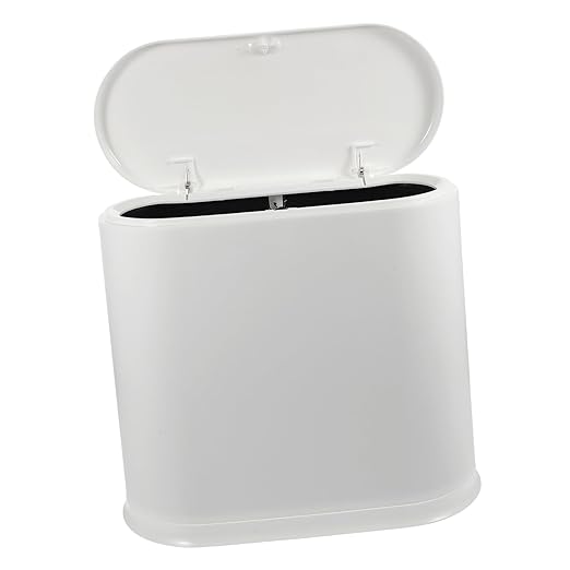 Compact Trash Can with Lid Small Space Saving Garbage Bin for Bathroom Bedroom Office White PP Wastebasket for Household Use