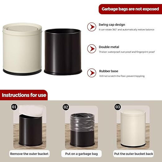 2.6GAL Off White Metal Bathroom Trash Can with LidDouble BucketSwing LidRound Waste Basket for BathroomBedroomOfficeHotelBank
