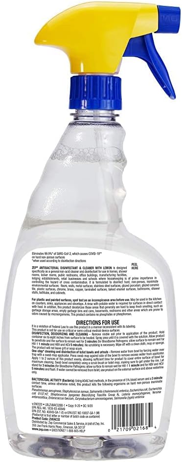 Zep Antibacterial Disinfectant Spray With Lemon - 32 Fl Oz (Case Of 12) ZUBAC32 - Disinfects Cleans and Deodorizes Most Surfaces EPA Approved