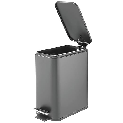 mDesign Rectangular Pedal Bin – 5 L Metal Waste Bin with Pedal Lid and Plastic Bucket Insert – Household Rubbish Bin for Bathroom Kitchen and Office – Dark Grey