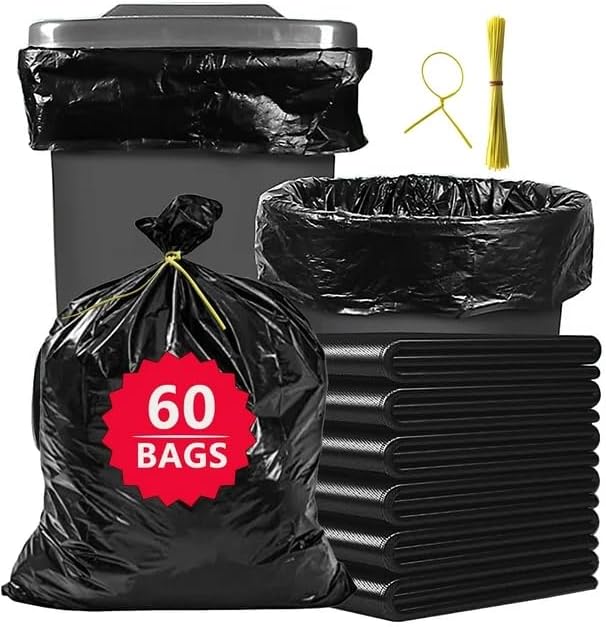 LORIBEN 55 Gallon Trash Bags with tying ropes 60 Count Black Heavy Duty Outdoor Garbage Bags 55 Gallons Waste Bag