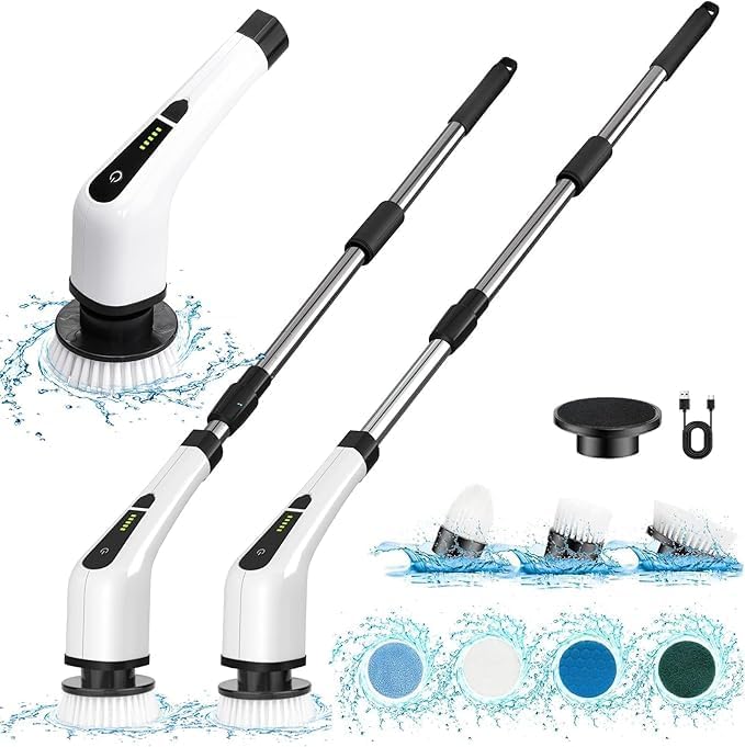 Electric Spin Scrubber Cordless Bath Tub Power Scrubber with Long Handle &amp 7 Replaceable Heads Detachable as Short Handle Shower Cleaning Brush Household Tools for Bathroom &amp Tile Floor
