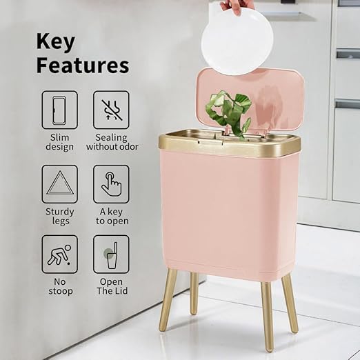 Procade Bathroom Trash Can with Lid 4 Gallon Pink Garbage Can Tall Plastic Trash Bin with Push Button Slim Gold Trash Can Waste Basket for Room BedroomOfficeKitchen