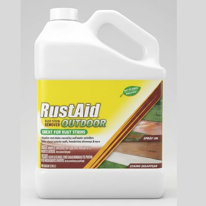 Outdoor Rust Stain Remover 1 Gallon – Fast-Acting Biodegradable Formula Removes Tough Rust Hard Water &amp Well Water Stains on Concrete Brick Stucco Wood Vinyl &amp More – Spray Rinse No Sc