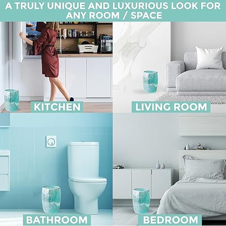Escenzy Modern Bathroom Trash Can Mosaic Glass 5L | 7 x 10 | Decorative Small Garbage Can | Luxury Waste Basket for Restroom Office Bedroom &amp Kitchen | Shiny Turquoise Green Bathroom Accessori