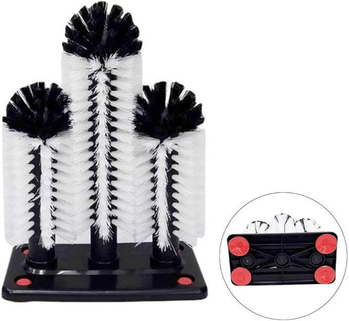 Bar Glass Cleaner for Sink with 3 Head Bristle Brush and Suction-Base Plastic Cup Washer for Kitchen or Bar Use