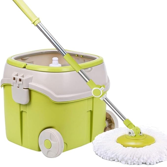360 Spin Mop with Stainless Steel Bucket System Extended Length Handle&amp2 Microfiber Heads  Magic Spinning