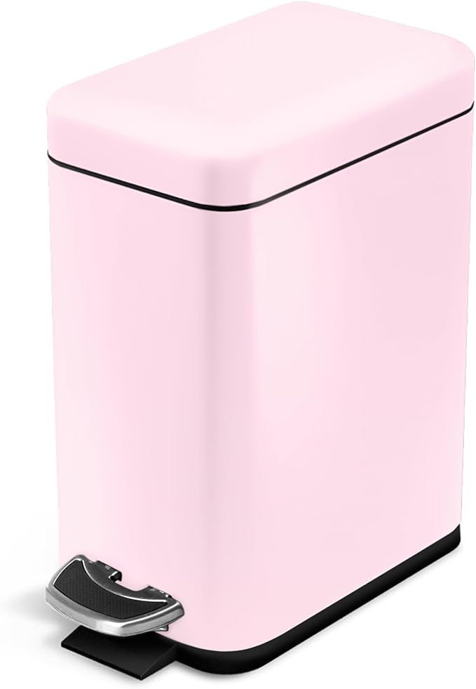 Home Zone Living 1.3 Gallon Small Bathroom Trash Can with Lid and Step Pedal Stainless Steel Wastebasket with Slim Design for Home and Office Matte Pink 5 Liters