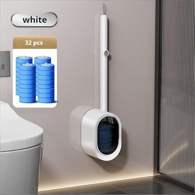 Disposable Toilet Bowl Cleaner Wand 32pcs Wall Mounted Toilet Brush and Holder for Deep Cleaning Bathroom Convenient Disposable Toilet Cleaning Solution (White)