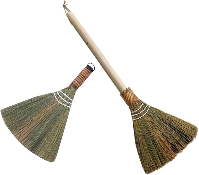 Uonlytech Handmade Woven Soft Broom Set 2Pcs Dust Removing Brooms with Detachable Long Handle Natural Straw Cleaning Supplies for Home Indoor Sweeping and Dust Removal