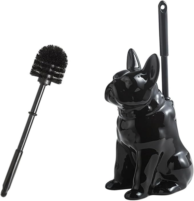 Shar Pei Hideaway Toilet Brush Holder - Concealed Brush Storage Modern Black Ceramic Bathroom Organizer with Sturdy Brush &amp Foam Protection Dog Lover Gift
