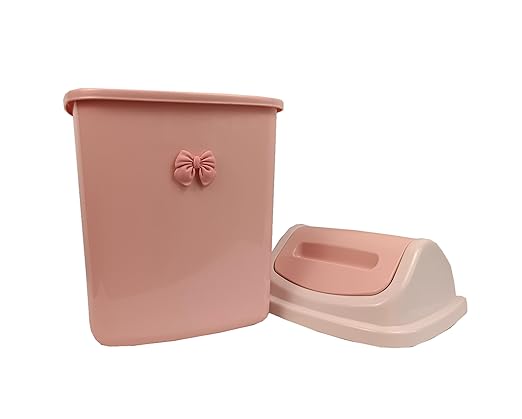 Pink Swing Lid Trash Can with Bow Decoration – Small Waste Bin for Bathroom Bedroom Office or Vanity – Compact Plastic Garbage Can with Smooth-Opening Lid (1 8L)