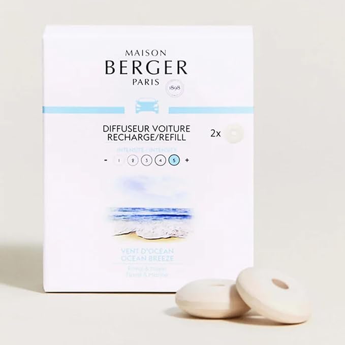 MAISON BERGER Luxury Car Air Freshener Bundle – Resonance Gunmetal Vent Clip Diffuser + 2 Ocean Breeze Ceramic Pods (4-6 Week Scent) French-Made Refillable System Adjustable Fragrance