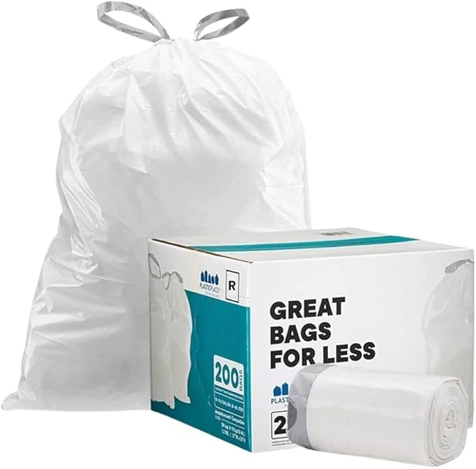 Plasticplace Custom Fit Trash Bags Compatible with simplehuman Code R (200 Count) White Drawstring Garbage Liners 2.6 Gallon/ 10 Liter 16.5 x 18