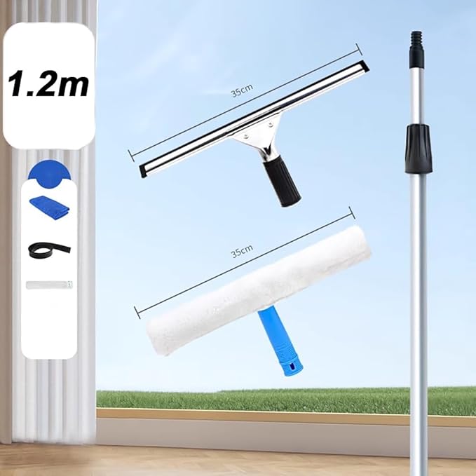13.8-Inch High-Reach Window Wiper Set with 1.2-15M Aluminum Alloy Telescopic Cleaning Pole Professional Stainless Steel Glass Wiper Suitable for Residential/CommercialPole Length 1.2m