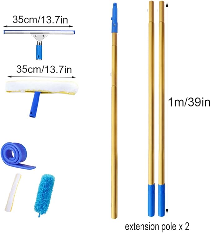Window Glass Cleaner with Extension Pole 55/94/137/177 Long Handled Cleaning Kit Rubber Wiper for Bathroom Garage Window Cleaning Equipment with Microfiber Scrubber (137)