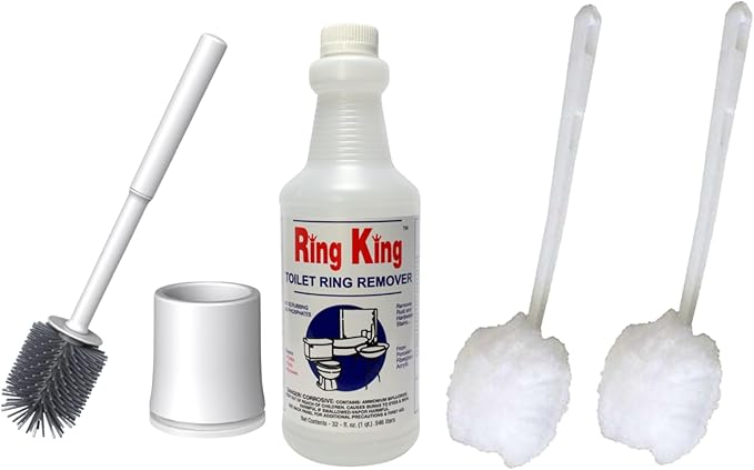 Ring King Toilet Ring Remover Bundle of Ring King Toilet Bowl Cleaners Liquid 32oz + Ring King Toilet Bowl Mop for Deep Clean Pack of 2 Long Plastic Handled Swab Silicone Toilet Brush and Holder Set