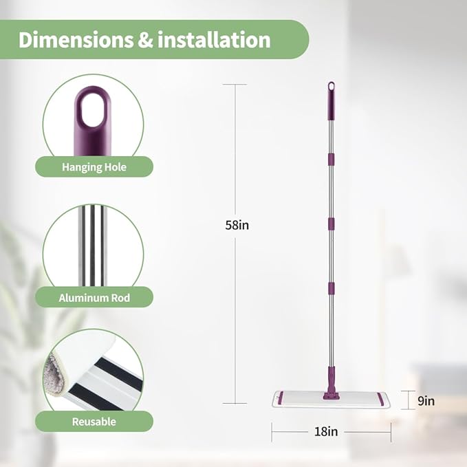 CQT Commercial Flat Microfiber Floor Mop Cleaning System 18 Inch Wet Dry and Dust Hardwood with 4 Washable Pads Cleaner for Laminate Tile Stainless Steel Handle and Extension (PT13-WET)