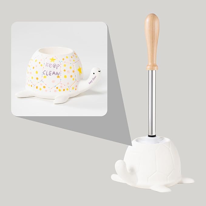 Turtle Base Toilet Brush and Holder Set - Ceramic Toilet Bowl Cleaner Brush DIY-Paintable Toilet Base Bathroom Brush for Home &amp Commercial Use - White