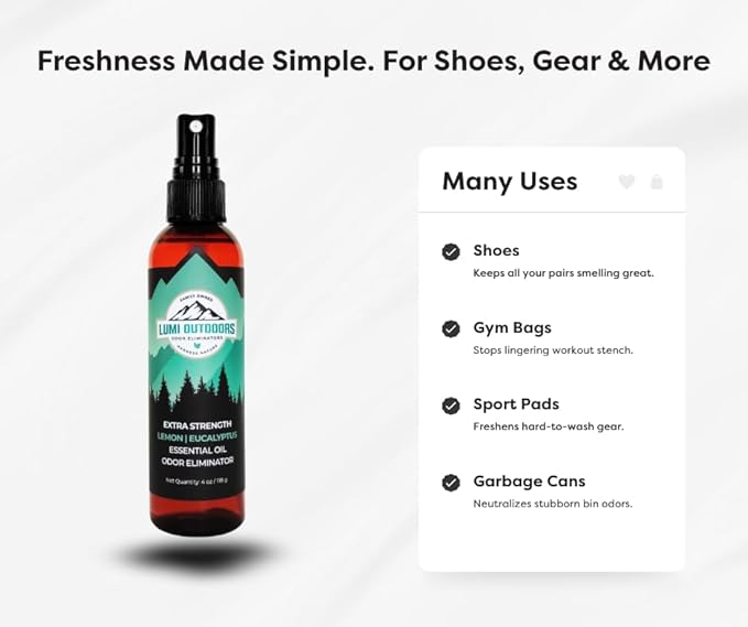 Lumi Outdoors Natural Shoe Deodorizer Spray 3 Pack Bundle - Lemon Eucalyptus Citrus Tea Tree Lavender Tea Tree