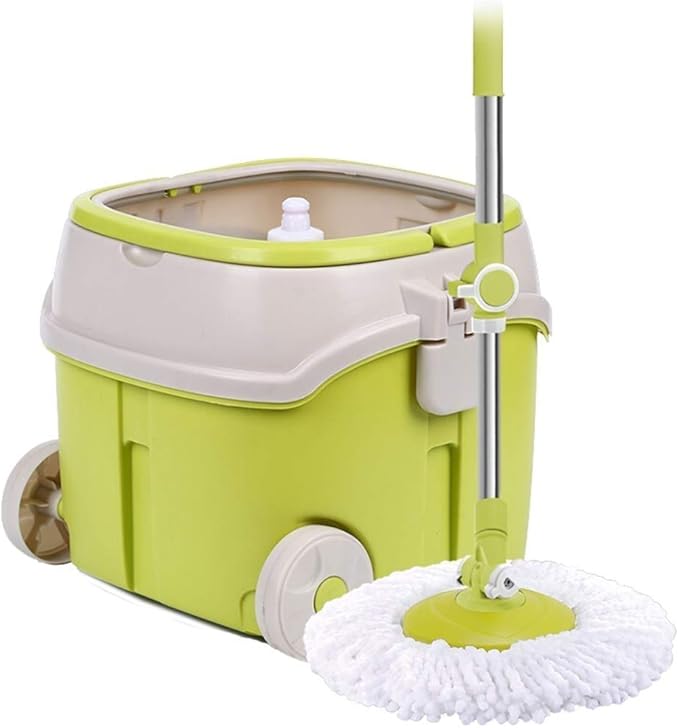 360 Spin Mop with Stainless Steel Bucket System Extended Length Handle&amp2 Microfiber Heads  Magic Spinning