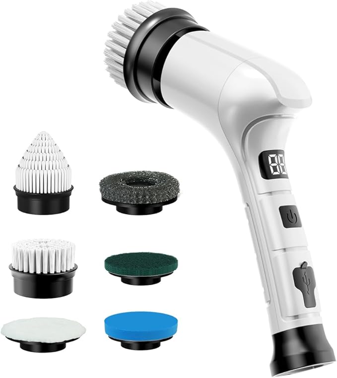 Electric Spin Scrubber Cordless Household Cleaning Brush with 6 Replaceable Heads 3 Speeds LED Display Lightweight Handheld Power Scrubber for Cleaning Stove/Bowl/Sink/Corner/Tile/Grout-White