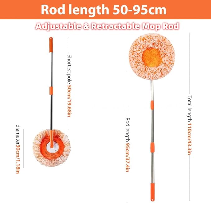 360° Rotatable Adjustable Cleaning Mop Extendable Wall Cleaning Mop with Long Handle Multifunctional Dust Mops Household Rotating Mops for Wall Ceiling Window Floor (Orange 50-95CM)