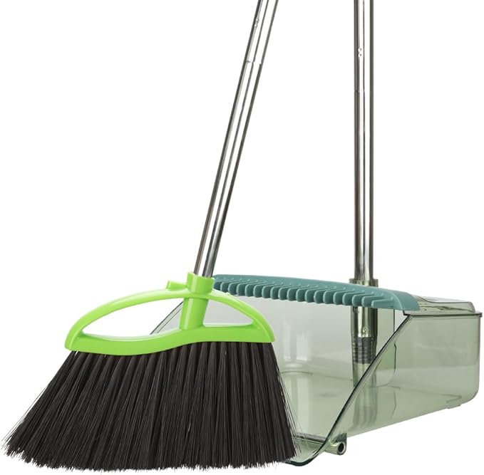 Soft Bristles Green Angle Broom and Dustpan Set Long Handle Household Indoor Broom with Dustpan Combo Set for Room Kitchen Lobby Office Hardwood Floor Sweeping Floor Cleaning