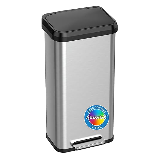 iTouchless 20 Gallon Step Pedal Kitchen Trash Can with Odor Filter Stainless Steel and Dent-Proof Black Plastic Lid Large 75 Liter Bedroom Home Office Commercial Tall Recycle Garbage Bin Wastebasket