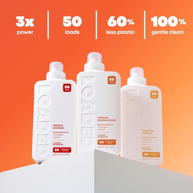 Loaded Laundry Detergent Luxury Cologne Scented | 50 Loads | Sandalwood &amp Vanilla | Skin-Friendly &amp Plant-Based | Made in USA | 32 oz