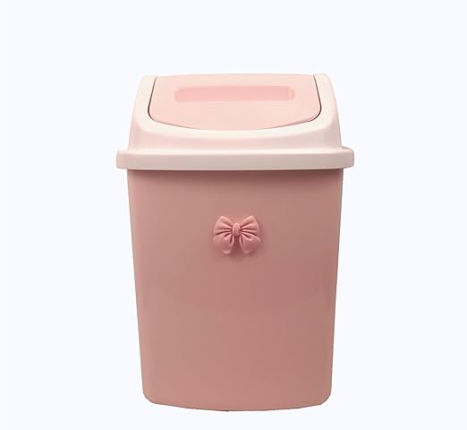 Pink Swing Lid Trash Can with Bow Decoration – Small Waste Bin for Bathroom Bedroom Office or Vanity – Compact Plastic Garbage Can with Smooth-Opening Lid (1 8L)