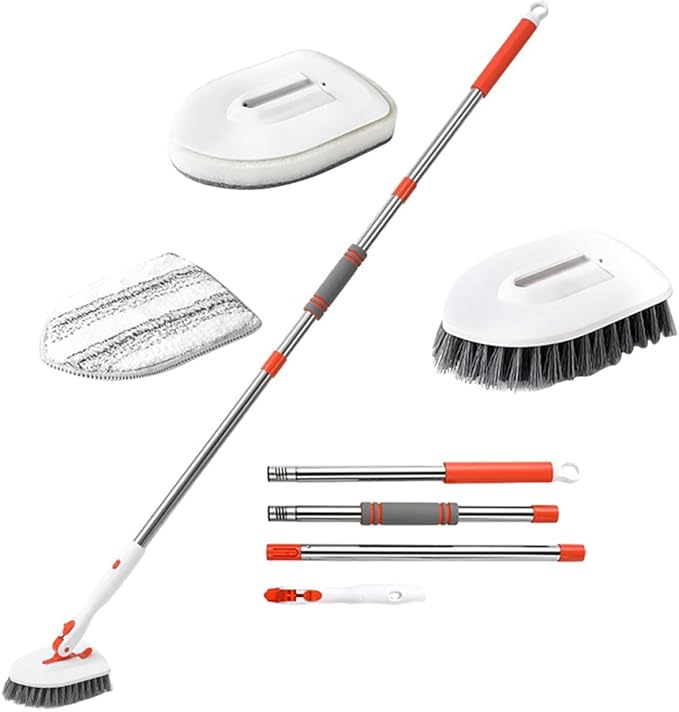 Shower Floor Scrub Brush Set with Extendable 3-Section Handle Hard Bristle Floor Scrubber Fiber Cloth with Base and Cleaning Pad for Bathroom Tile and Grout Cleaning