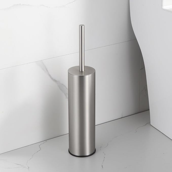Toilet Brush and Holder Set Brushed Nickel Stainless Steel 304 Heavy Duty Round Toilet Brush Set – Rust Resistant Long Handle Replacement Heads Floor Standing Bathroom Toilet Cleaning