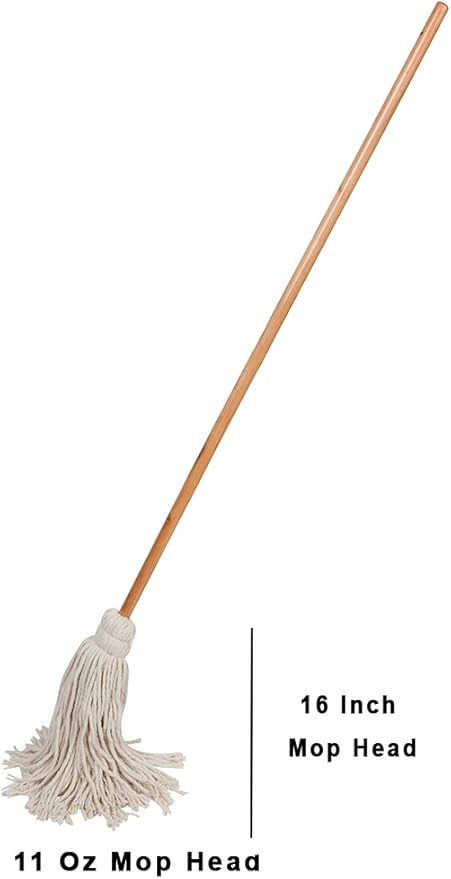 Large Wet Deck Cotton Mop with Solid Wood Handle (11 Oz White)