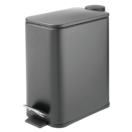 mDesign Rectangular Pedal Bin – 5 L Metal Waste Bin with Pedal Lid and Plastic Bucket Insert – Household Rubbish Bin for Bathroom Kitchen and Office – Dark Grey