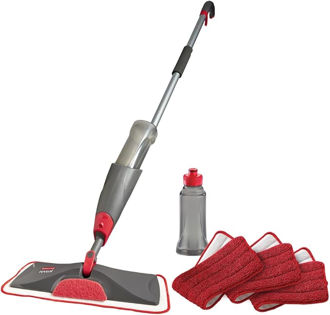 Rubbermaid Reveal Spray Mop Floor Cleaning Kit 3 Reusable Microfiber Wet Pads 1 Refillable Bottle Cordless Multi-Surface Mopping for All Home/Bathroom/Office Floors
