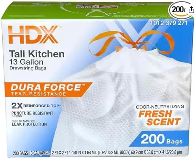 Tall Kitchen 13 Gallon Drawstring Trash Bags Fresh Scent Dura Force Tear-Resistance 200 Count White