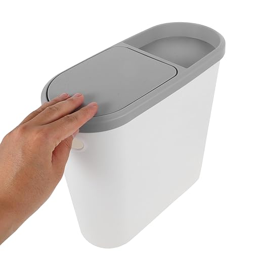 Plastic Trash Can with Press Lid Narrow Household Garbage Bin for Kitchen and Bathroom White-Grey Covered Wastebasket for Small Spaces