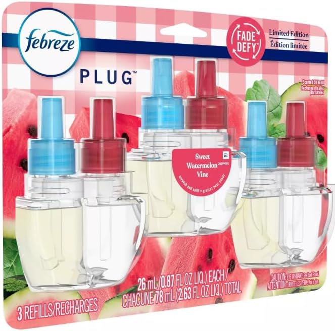 Generic Febreze Plug with Fade Defy Technology Air Freshener - Sweet Watermelon Vine - ((3) Count of 0.87 fl oz Refills) Clear