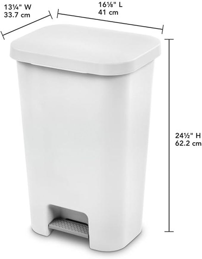 Sterilite 11.9 Gallon Rectangular Step On Kitchen Plastic Indoor Wastebasket with Wide Opening Lid and Comfort Handle for Home White (12 Pack)