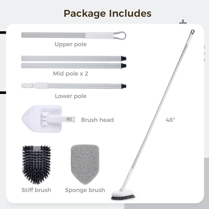 Extendable 2-in-1 Tile Cleaner with 180° Rotating Scrubber Long Handle Tub Cleaning Tool