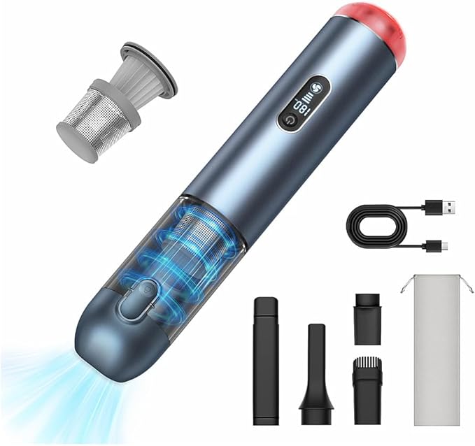 Handheld Vacuum Powerful 18000pa Car Vacuum with Brushless Motor Portable Hand Held Vacuum with 3 Speed Modes 5- in-1 Mini Cordless Vacuum Cleaner with White LED &amp Red Flash for home/Car/Office