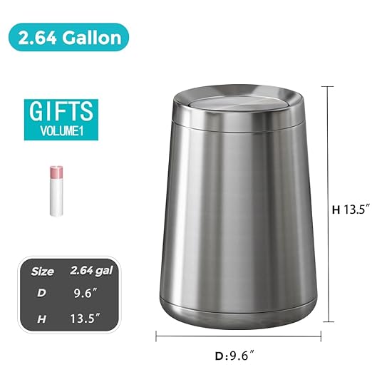 10L / 2.6Gal Small Stainless Steel Sliver Trash CanMetal Bathroom Garbage can with LidModern Home Décor Wastebasket with Flipping Lid Garbage Can for KitchenBathroomLiving Room(Silver)
