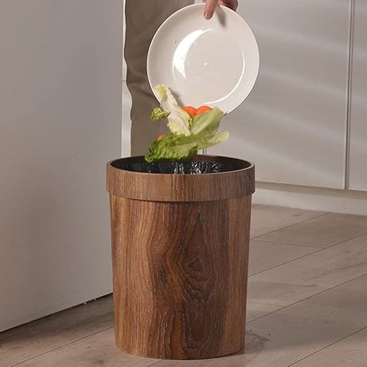Hemoton Decorative Trash Can Plastic Wood Small Round Wastebasket Bamboo Garbage Container Bin Trash Can Pail for Bathroom Kitchen Office