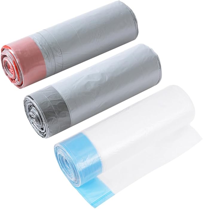 Drawstring Trash Bags 90pcs Disposable Portable Garbage Bags with Handles Gray and White Random Color for Kitchen and Outdoor Use