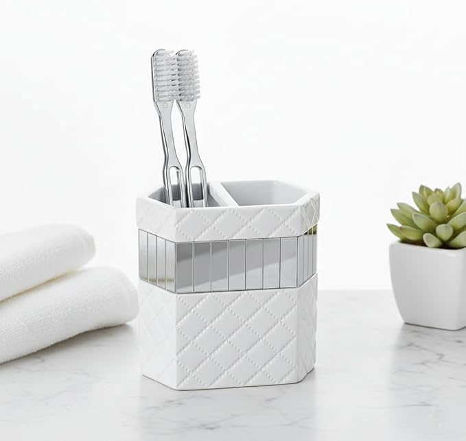 Creative Scents Quilted Mirror White Bathroom Accessories Set - Decorative 4 Piece Bathroom Set - Mirrored Bathroom Accessory Set Includes: Soap Dispenser Toothbrush Holder Tumbler &amp Soap Dish